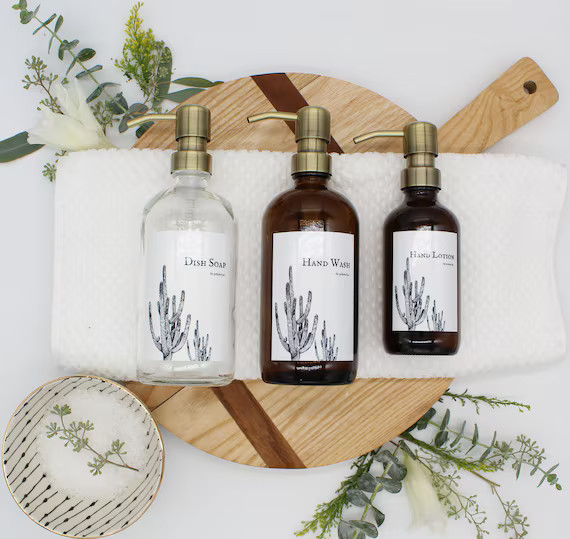 Glass Bottle | Amber, Clear, Black, White Bottle Soap Dispenser | Soaps + Lotions | Desert Terra ... | Etsy (US)