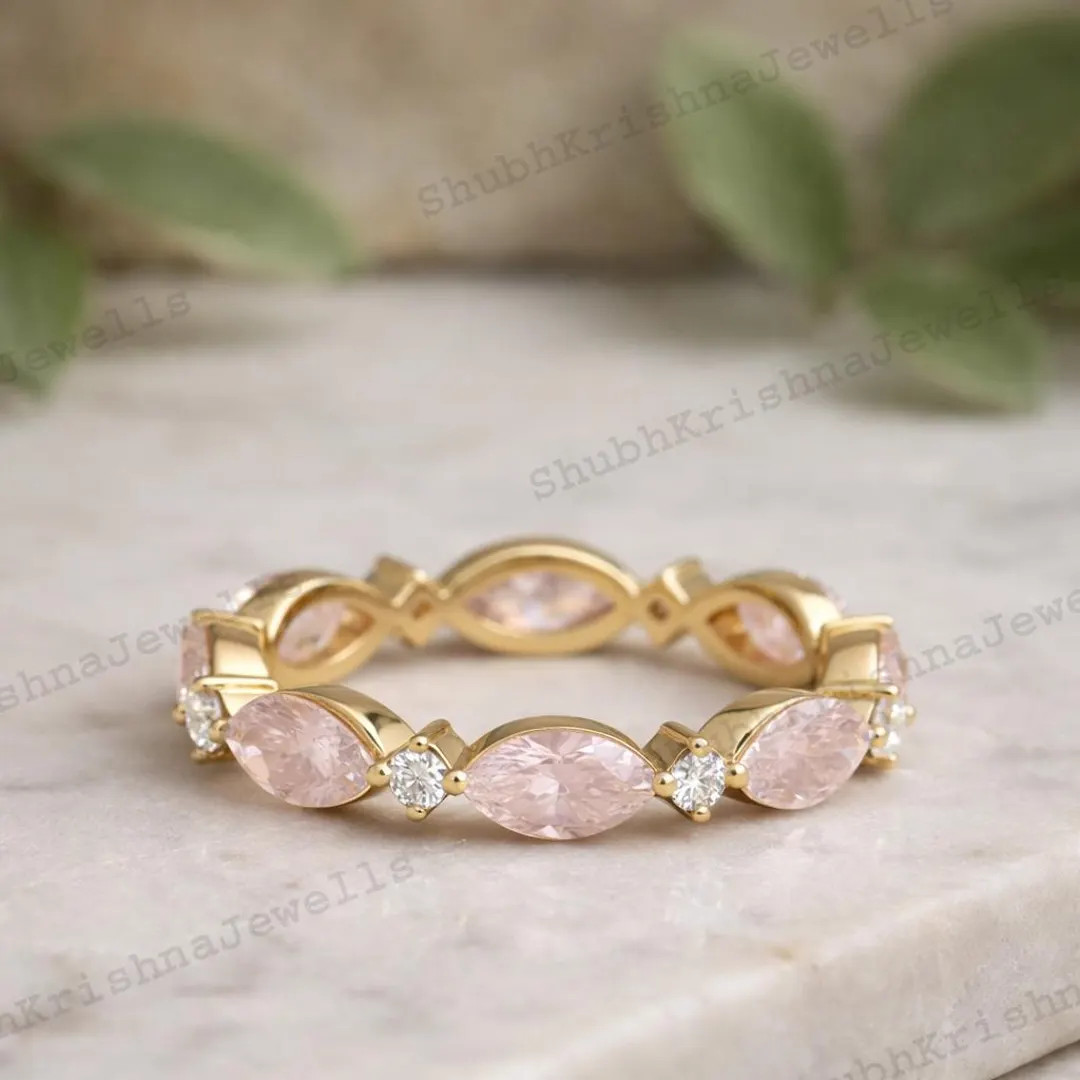 Marquise Rose Quartz Band with Round Moissanite Accents, Pink Gemstone Wedding Ring, Handmade Min... | Etsy (US)