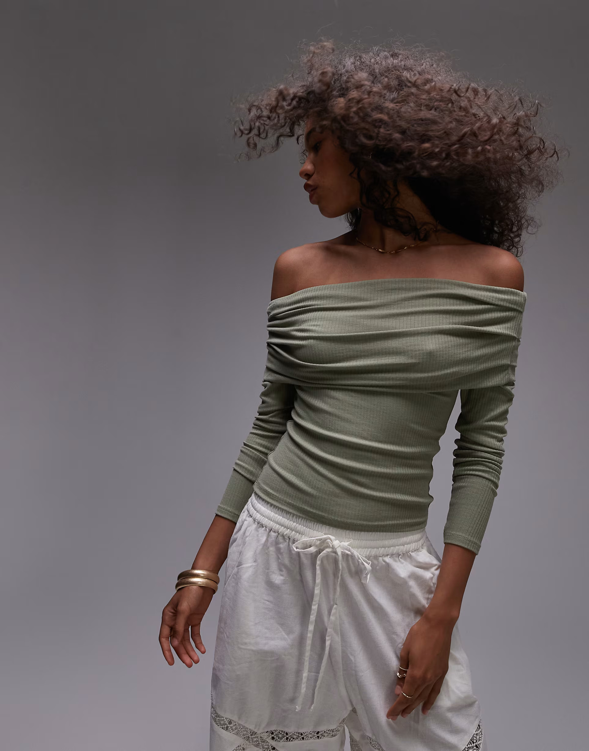 Topshop premium rib long sleeve bardot in washed khaki | ASOS (Global)