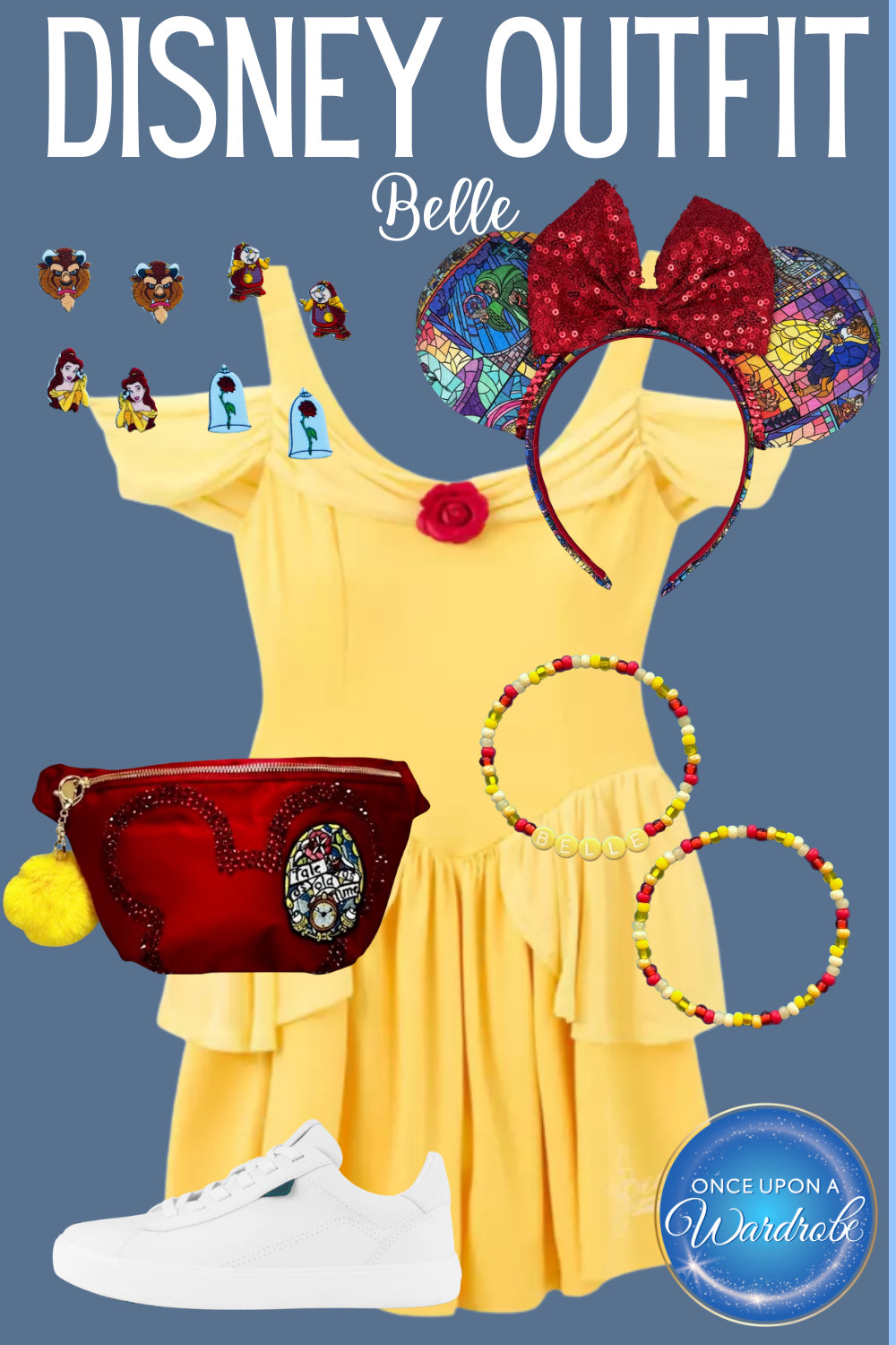 Bringing a little storybook style to the parks with this Belle-inspired Disney outfit. This yellow dress makes the perfect base for a Beauty and the Beast Disneybound, paired with white sneakers for comfort during a full park day. I added stained-glass Belle ears, a red Mickey belt bag, and Belle-inspired jewelry for subtle character details that still feel wearable around the parks. Such a fun outfit idea for Magic Kingdom, EPCOT, or meeting Belle in Fantasyland. 

 #LTKmomlife #LTKTravel