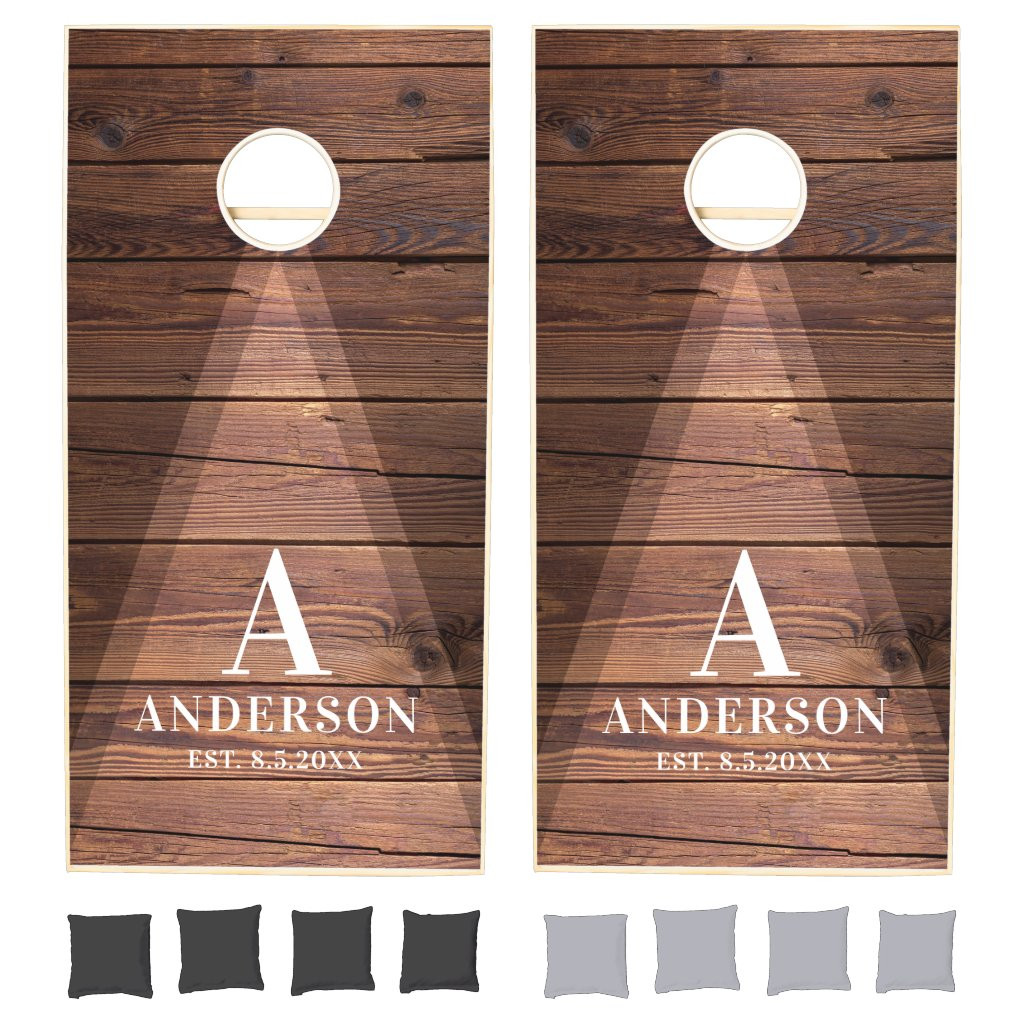 Rustic Farmhouse Monogram Name Wood Cornhole Set | Zazzle