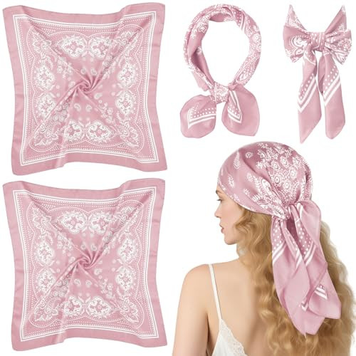PLULON 2 Pcs 27.5" Square Satin Head Scarf Silk Bandanas for Women, Pink Paisley Bandana Hair Scarves Boho Headwear Western Cowboy Face Mask Hairband for Women Men Beach Travel Holiday Cycling Decors | Amazon (US)