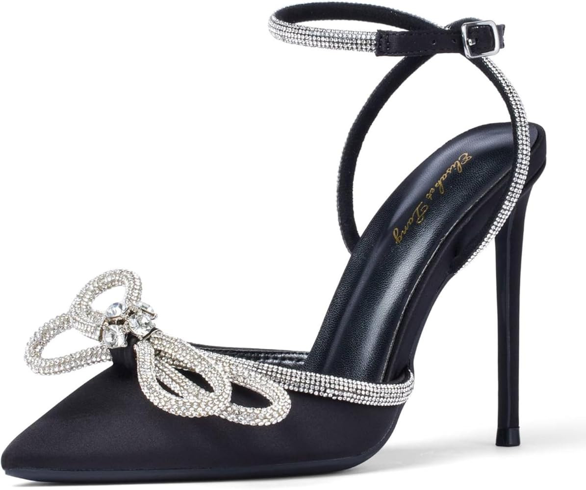 Elisabet Tang Women's High Heel Pumps,Satin Rhinestone Bowknot Lace Up Sandals Pointed Toe Ankle ... | Amazon (US)