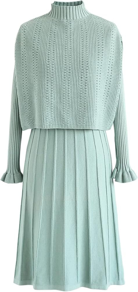 CHICWISH Women's Cream/Apricot/Black/Teal/Mint Mock Neck Pleated Knit Twinset Dress | Amazon (US)