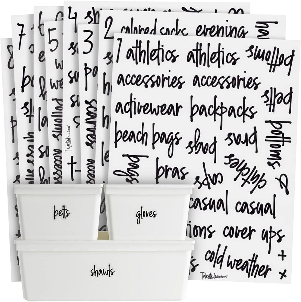 Talented Kitchen 224 Closet Labels for Bins and Baskets, Preprinted Black Script Stickers for Clo... | Amazon (US)