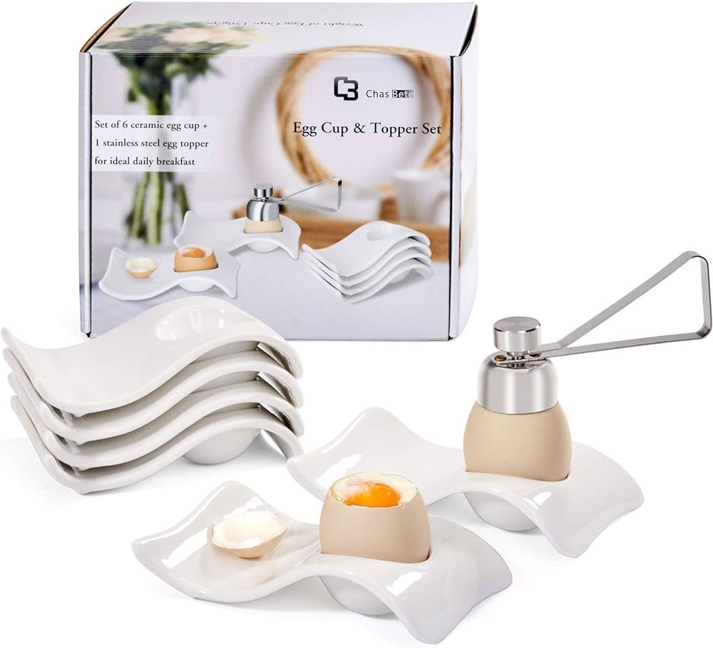 ChasBete Egg Cups for Soft Boiled Eggs, Ceramic Egg Cup, Soft Boiled Egg Holder 6 + 1 Egg Topper ... | Amazon (US)