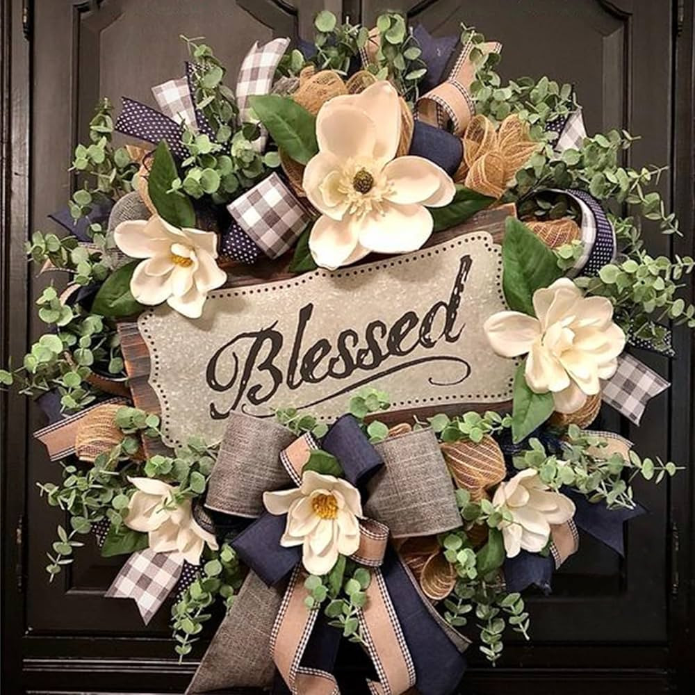 Spring Summer Wreath for Front Door,Farmhouse Magnolia Porch Decoration,Front Door Hanger,Housewa... | Amazon (US)