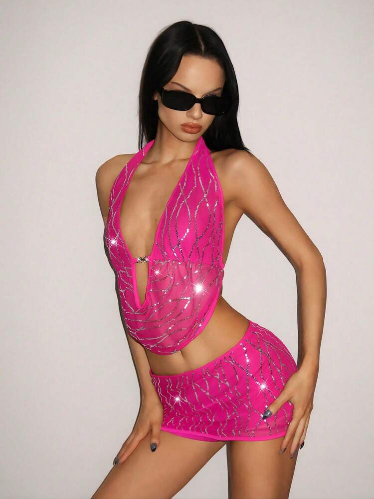 SHEIN ICON 2pcs/Set Fitted Sequin Fringe Draped Neck Crop Top And Bodycon Mini Skirt | SHEIN