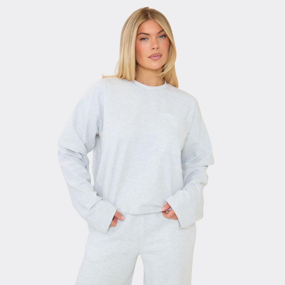 Crew Neck Long Sleeve Layered T-Shirt Detail Top In Light Grey Marl | EGO (UK)