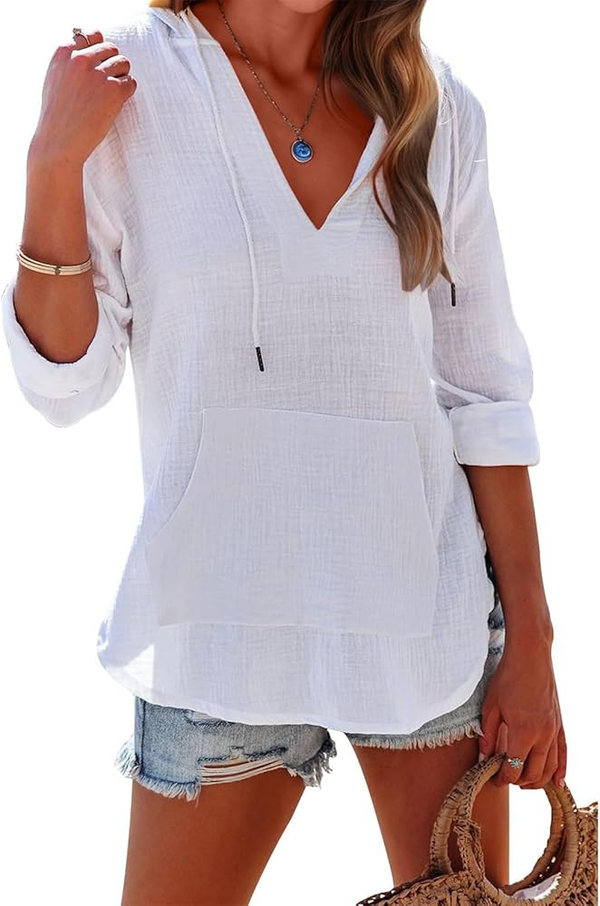 Women's Beach Cover Up Casual V Neck Long Sleeve Linen Hoodie Pullover Tops Lightweight Hooded Sh... | Amazon (US)
