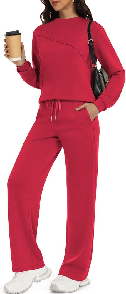 Casly Lamiit Women's 2 Piece Lounge Set Trendy Casual Outfits Boat Neck Sweatshirt Wide Leg Sweat... | Amazon (US)