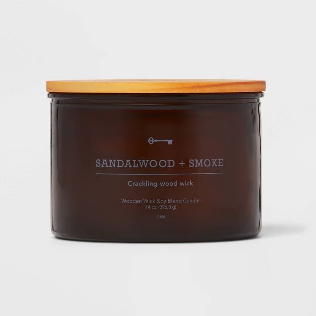 Lidded Amber Glass Jar Crackling Wooden Wick Sandalwood and Smoke Candle - Threshold™ | Target