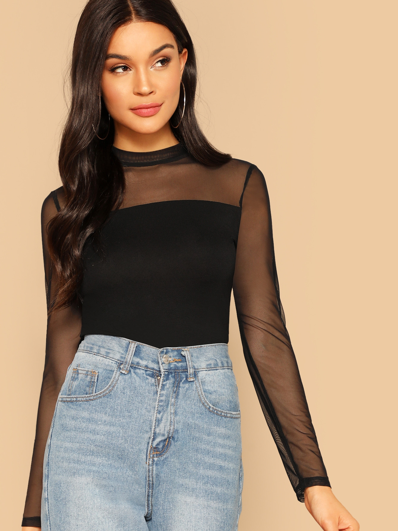 SHEIN BAE Sheer Mesh Yoke Mock Neck Top | SHEIN USA | SHEIN