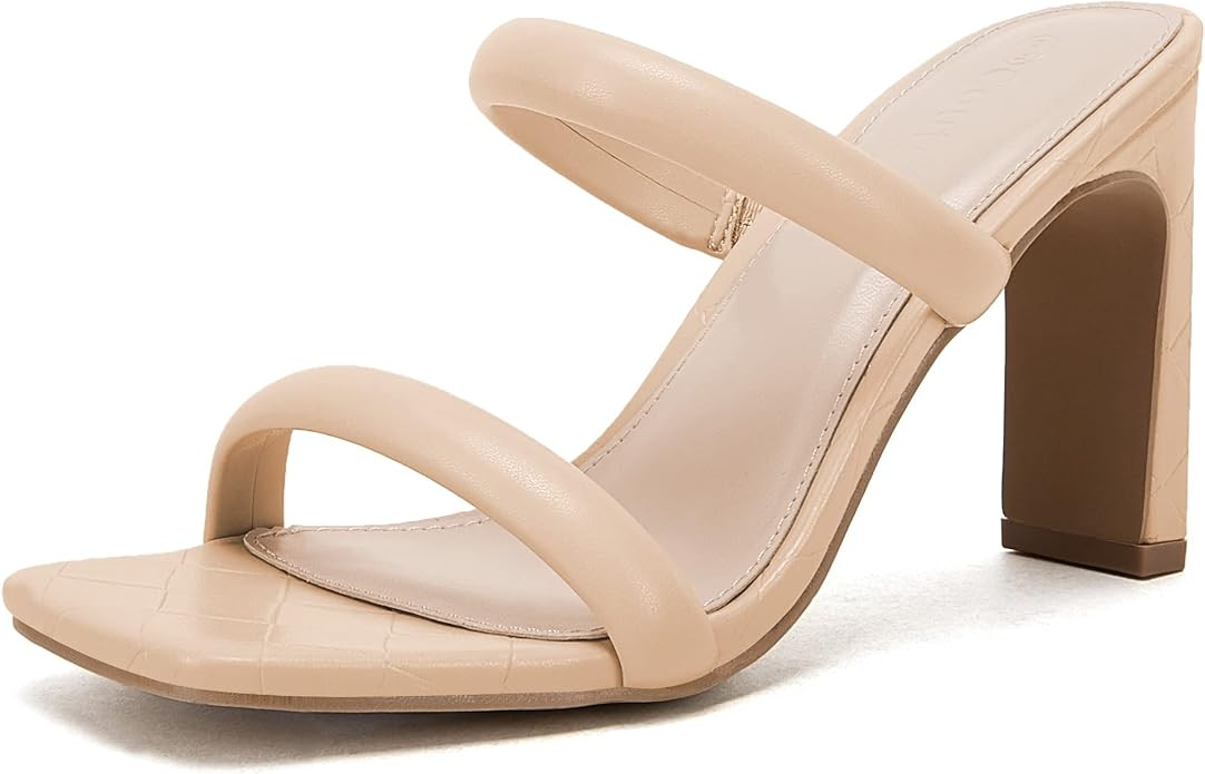 Coutgo Womens Square Open Toe Heeled Sandals Two Strap High Heel Backless Dress Slip On Mules | Amazon (US)