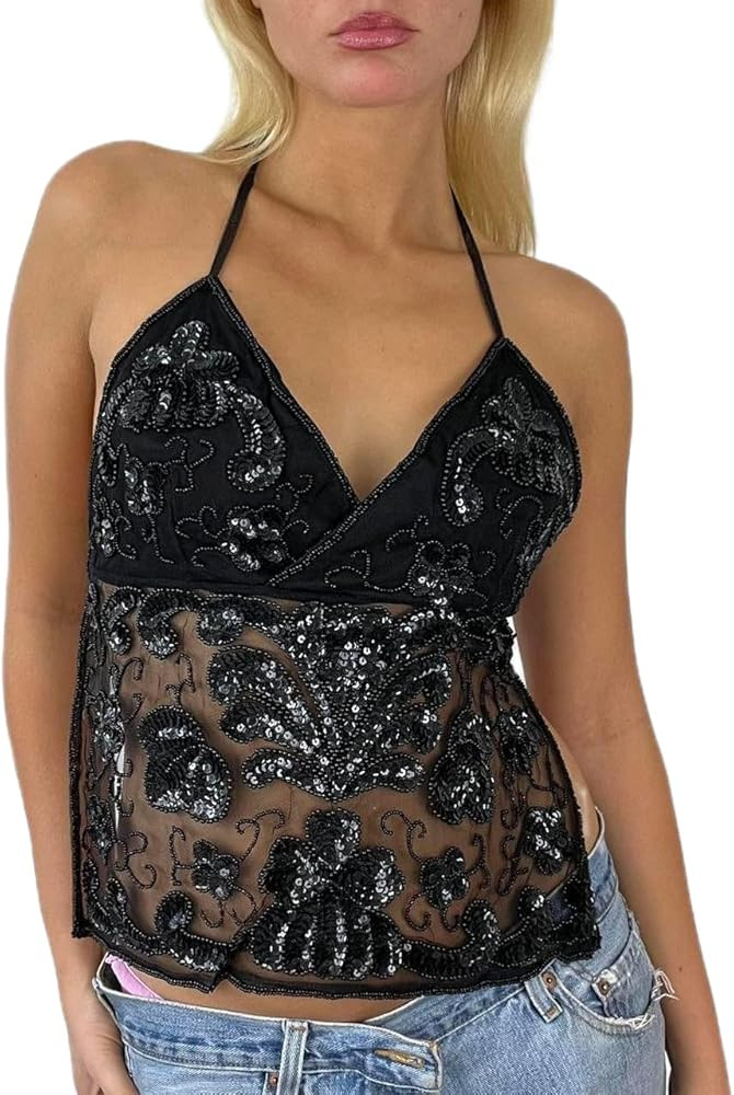 Women Y2K Sparkly Halter Neck Tank Tops Sleeveless Tie Back Glitter Crop Top Backless Sequin Cami... | Amazon (US)