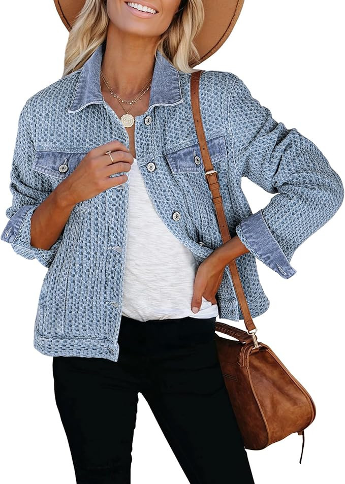 luvamia Jean Jacket Women Trendy Texture Distressed Button Down Long Sleeves Casual Trucker Denim... | Amazon (US)
