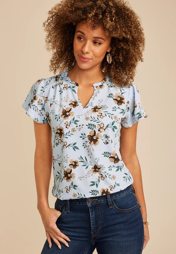 Blue Floral Smocked Shoulder Flutter Sleeve Blouse | Maurices