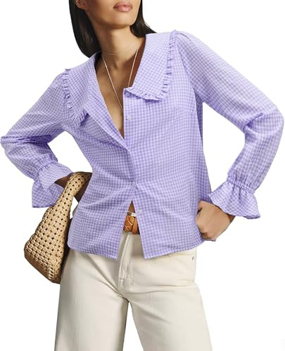siliteelon Plaid Shirts for Women Gingham Top Button Down Shirts Peter Pan Collar Puff Long Sleev... | Amazon (US)