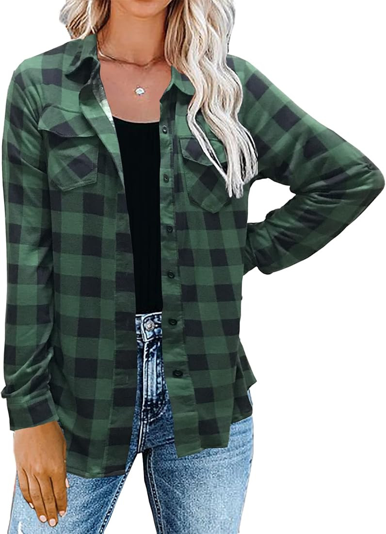 Womens Casual Cuffed Long Sleeve Boyfriend Button Down Plaid Flannel Shirt Tops | Amazon (US)