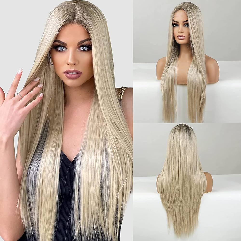 EMMOR Long Blonde Lace Front Wig for Women, 30 Inch Natural Hair Straight Synthetic Wigs Middle P... | Amazon (US)