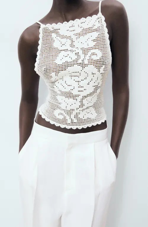 MANGO Floral Open Stitch Strappy Back Top in Off White at Nordstrom, Size Small | Nordstrom