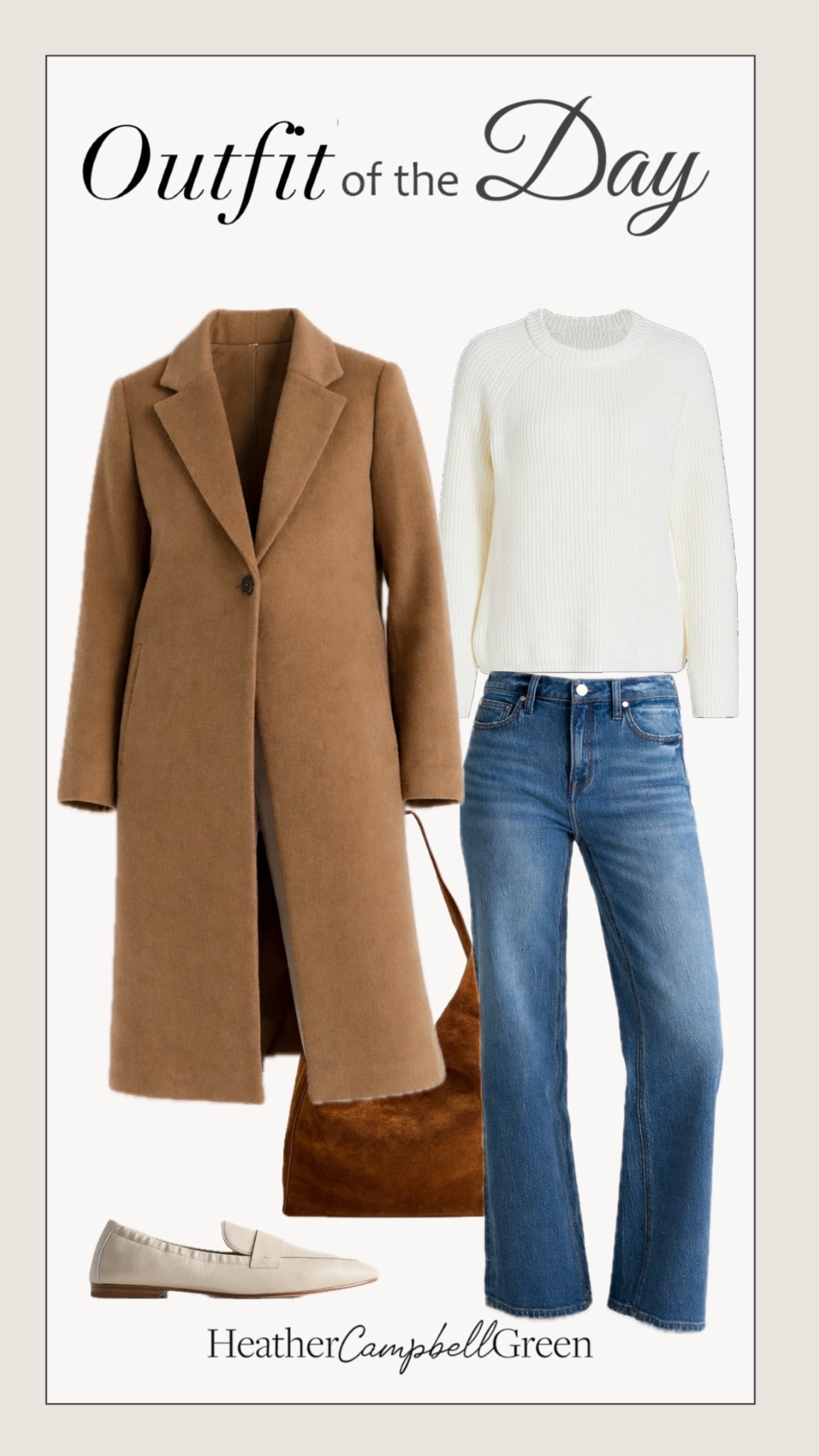 Easy, elevated everyday style 🤍 This @onequince outfit pairs a camel wool coat, white knit sweater, and classic straight-leg jeans for a timeless, quiet-luxury look. Finished with neutral loafers and a suede tote—simple, polished, and endlessly wearable. #Quince #QuincePartner