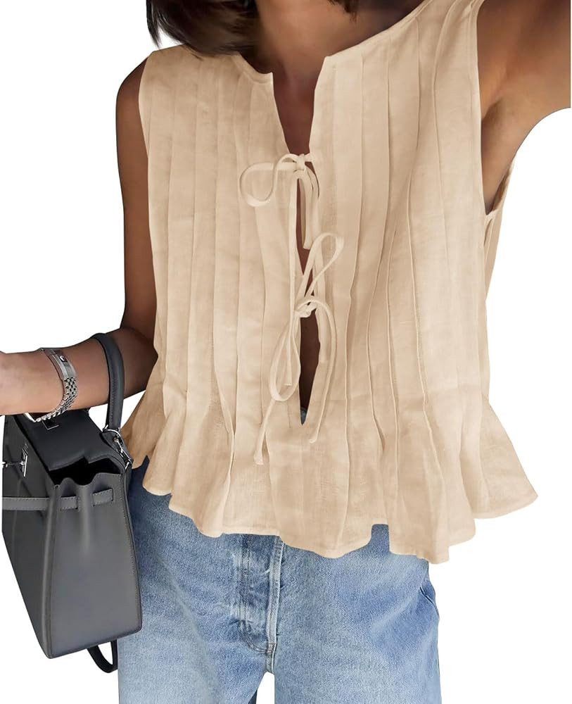 Cicy Bell Womens Bow Front Tie Tank Tops Pleated Sleeveless Babydoll Shirts | Amazon (US)