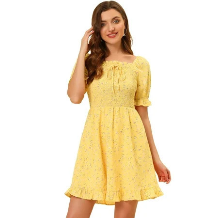 DARING DIVA Puff Sleeve Back Smocked Sweetheart Neck Ruffled Hem Dress M Yellow | Walmart (US)