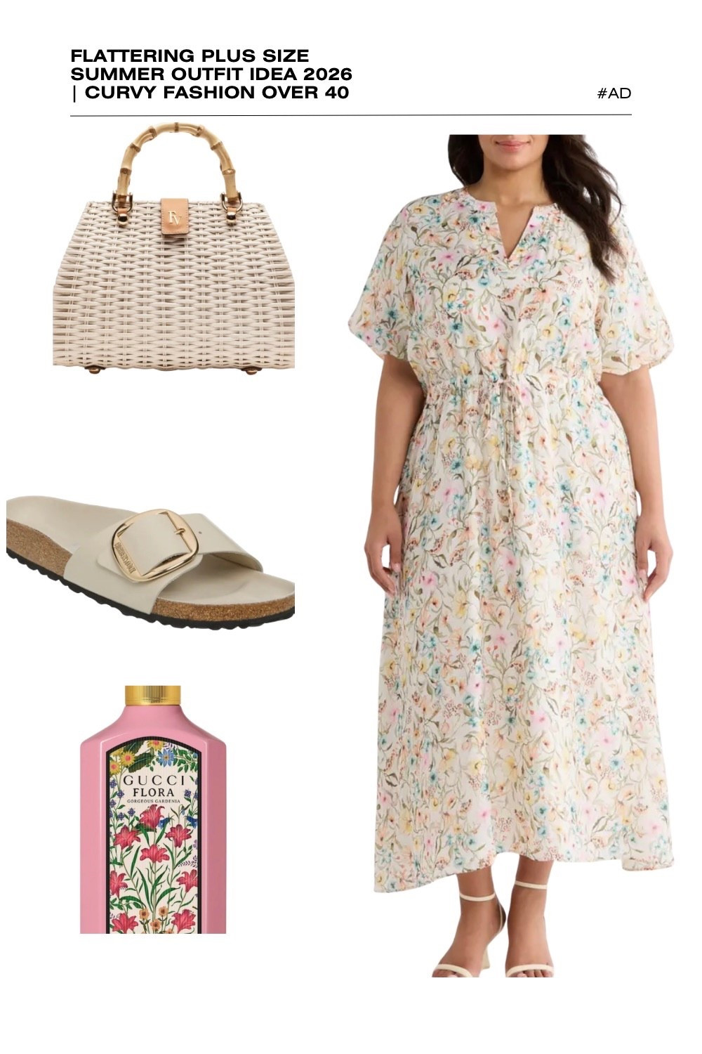 Looking for an elegant cream floral plus size outfit for 2026? This flattering v-neck maxi dress is a beautiful choice for curvy fashion over 40, featuring a soft botanical print and a waist-defining drawstring that creates a comfortable, customizable fit.
We’ve styled this breezy summer dress with a white wicker bamboo handle satchel and off-white buckle slide sandals for a sophisticated, tonal look. To complete the feminine vibe, we’ve paired it with the iconic Gucci Flora Gorgeous Gardenia fragrance. This casual chic plus size style is ideal for a summer wedding guest look, brunch, or vacation. #PlusSizeFashion #SummerOutfits2026 #GucciFlora #CurvyStyle #FloralMaxiDress #GardenPartyOutfit
