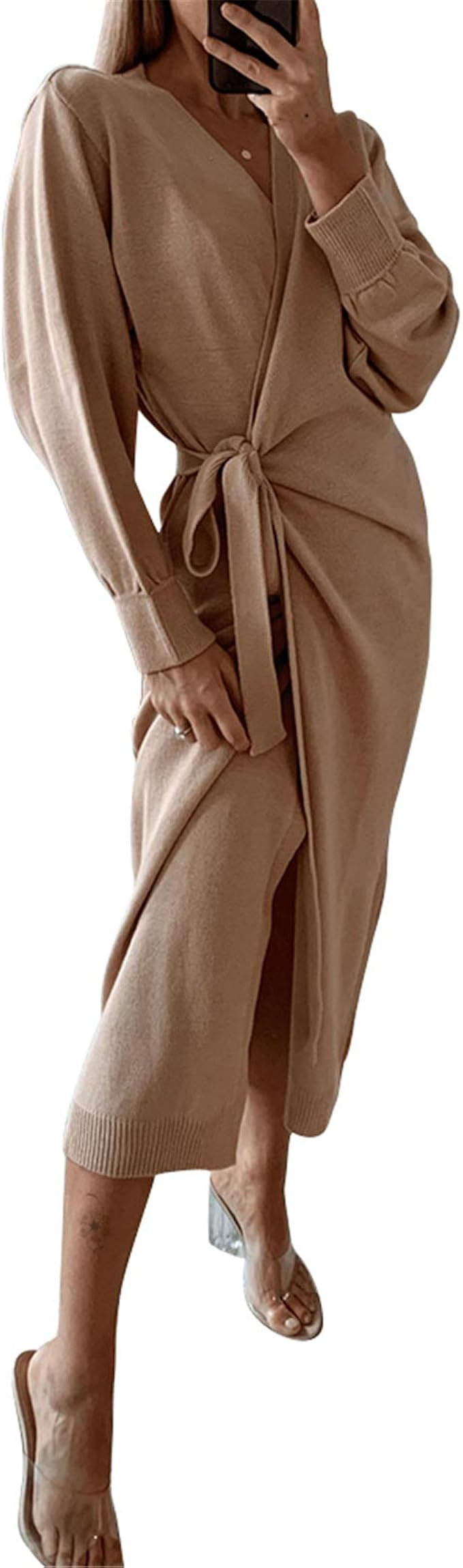 EXLURA Womens Knit Sweater Dress Casual Solid Long Sleeve Wrap Maxi Dresses with Belt | Amazon (US)
