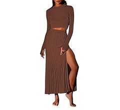 Pink Queen Women's 2 Piece Sweater Outfits Set Crop Top Long Sleeve Split Bodycon Pleated Midi Lo... | Amazon (US)