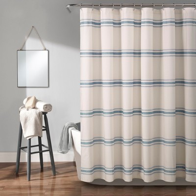 Farmhouse Striped Shower Curtain Blue - Lush Décor: 100% Cotton, Machine Washable, Buttonhole Top | Target