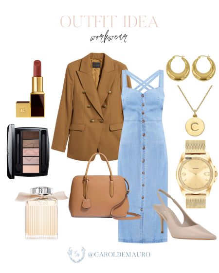 Cute and easy workwear outfit idea! Wear this denim button-down midi dress with a neutral blazer. Pair it with a brown leathered handbag, slingback heels, and gold accessories to make this look more chic.
#springfashion #officeoutfit #shoeinspo #petitestyle

#LTKstyletip #LTKitbag #LTKshoecrush