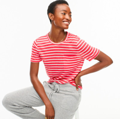 J.CREW WOMEN'S RED STRIPED LINEN CREWNECK SHORT SLEEVE T-SHIRT TOP Sz M | eBay US