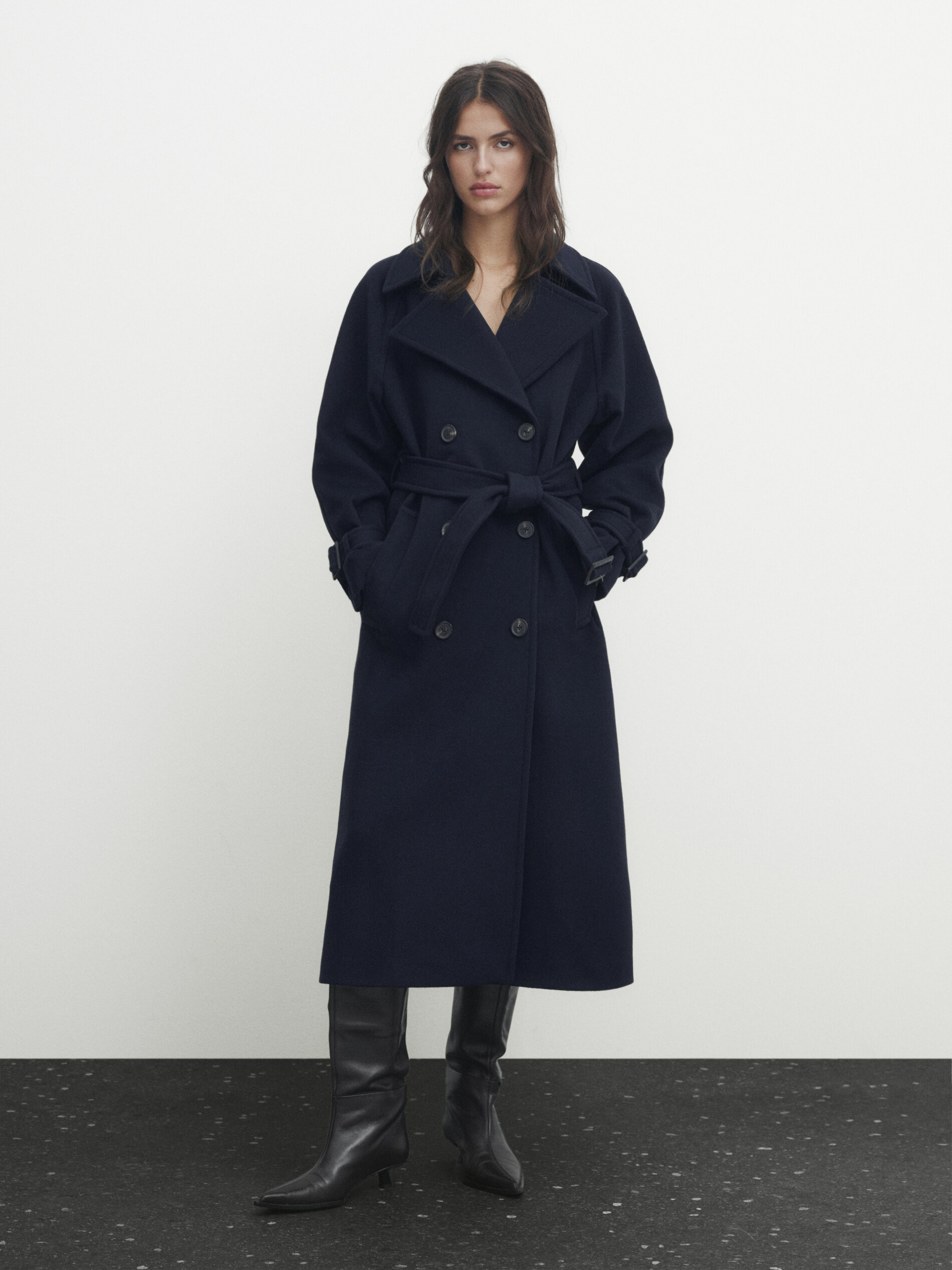 Navy blue wool blend trench coat | Massimo Dutti US