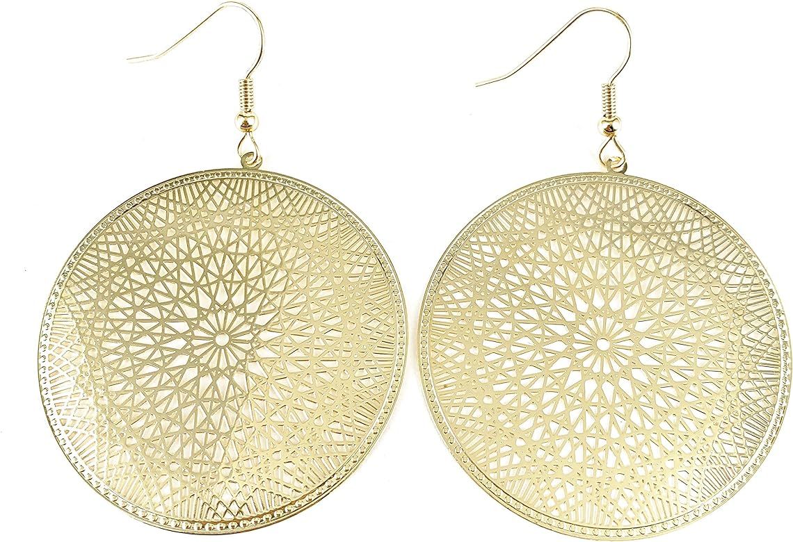 Gold filigree circle earrings medallion disc 1 5/8 inches wide Very lightweight round disc earrin... | Amazon (US)