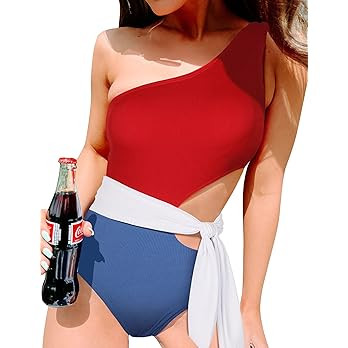 One Piece Bathing Suit for Women One Shoulder Cut Out Swimsuit Ribbed Color Block Monokini Tie Si... | Amazon (US)