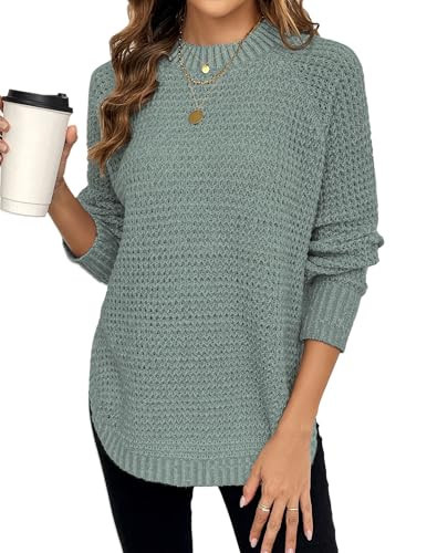Libsorge Womens Oversized Chunky Waffle Knit Solid Long Sweaters Fall 2024 Dressy Casual Cozy Crewneck Pullover Sweater Sage S | Amazon (US)