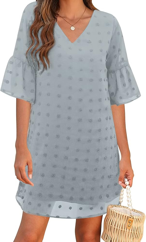 Blooming Jelly Womens White Dresses Short Sleeve V Neck Ruffle Cute Sun Dress Chiffon Flowy Shift Mi | Amazon (US)