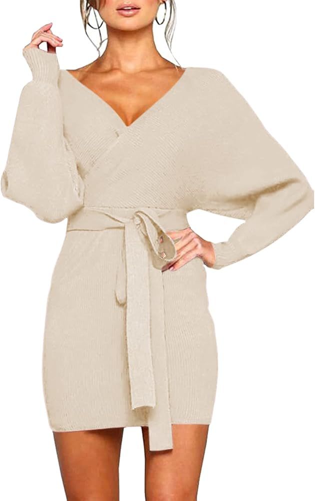 Cutiefox Women's Sexy Deep V Neck Sweater Dress Batwing Sleeve Backless Bodycon Knit Mini Dress with | Amazon (US)