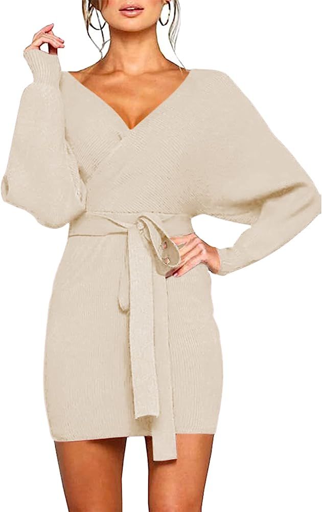 Cutiefox Women's Sexy Deep V Neck Sweater Dress Batwing Sleeve Backless Bodycon Knit Mini Dress w... | Amazon (US)