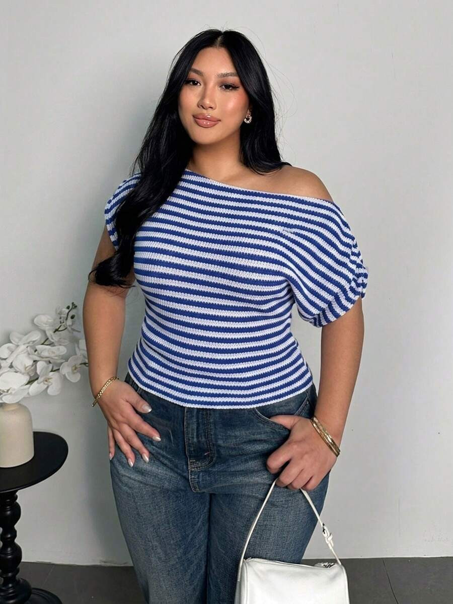 Firerie Plus Size Women's Blue And White Striped Asymmetric Shoulder Ruched Batwing Sleeve T-Shir... | SHEIN