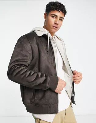 Only & Sons faux suede aviator jacket with borg lining in brown | ASOS (Global)