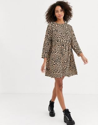 ASOS DESIGN long sleeve smock mini dress in leopard print | ASOS (Global)