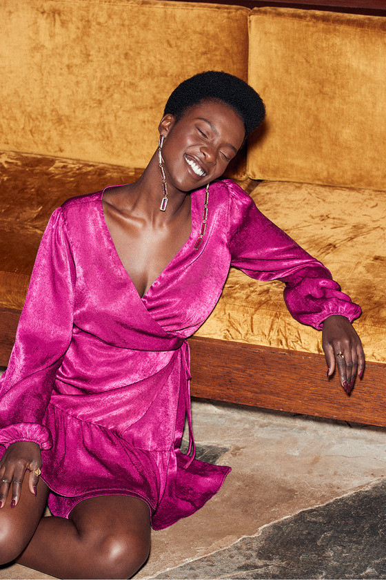 So Splendid Magenta Purple Satin Long Sleeve Wrap Dress | Lulus (US)