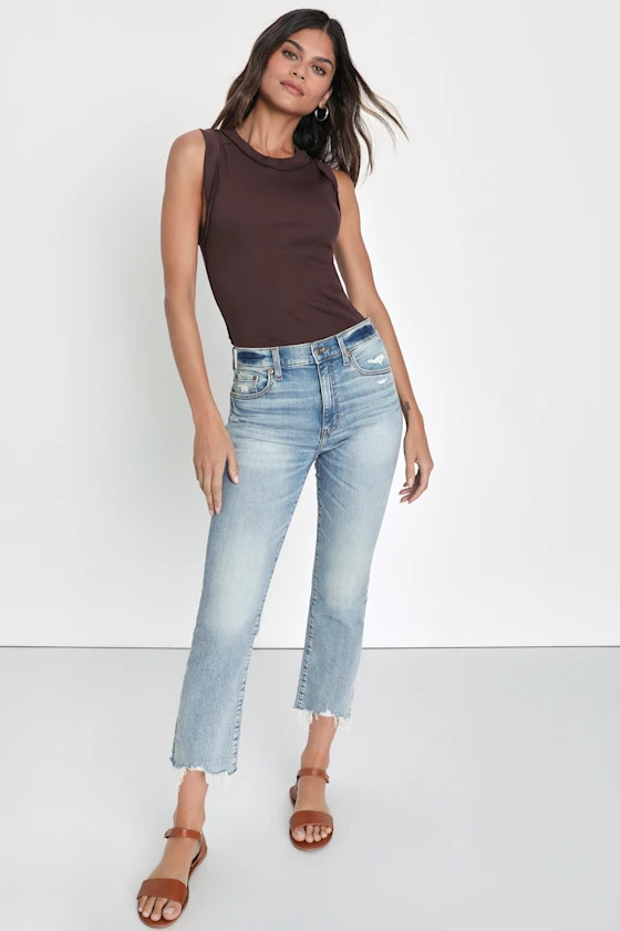 Shy Girl Light Wash High-Waisted Raw Hem Cropped Flare Jeans | Lulus (US)