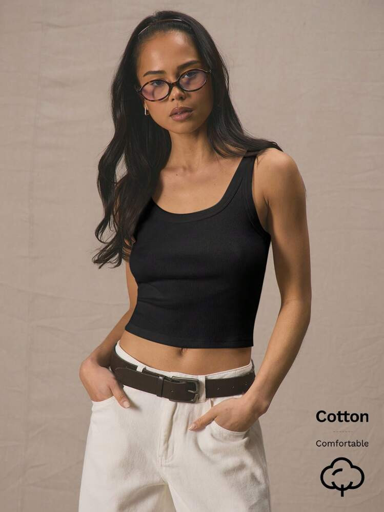 MUSERA Scoop Neck Fitted Cropped Cute Casual Basic 90'S Tank Top Sexy Cute Fall Autumn Summer Vacation Work Everyday Casual Airport Holiday Al Fresco Christmas Fall Winter Elegant | SHEIN