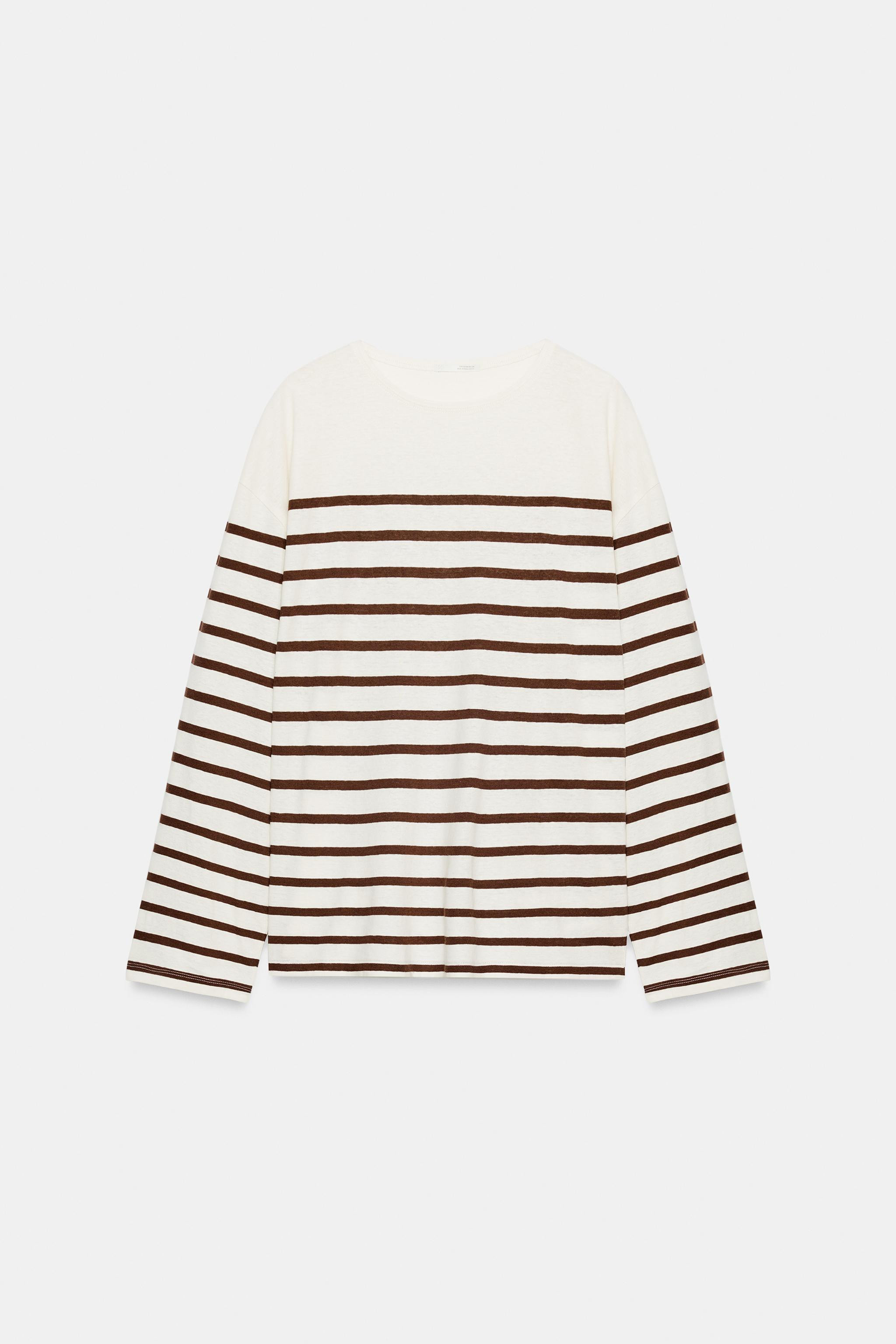 STRIPED COTTON AND LINEN T-SHIRT | Zara UK