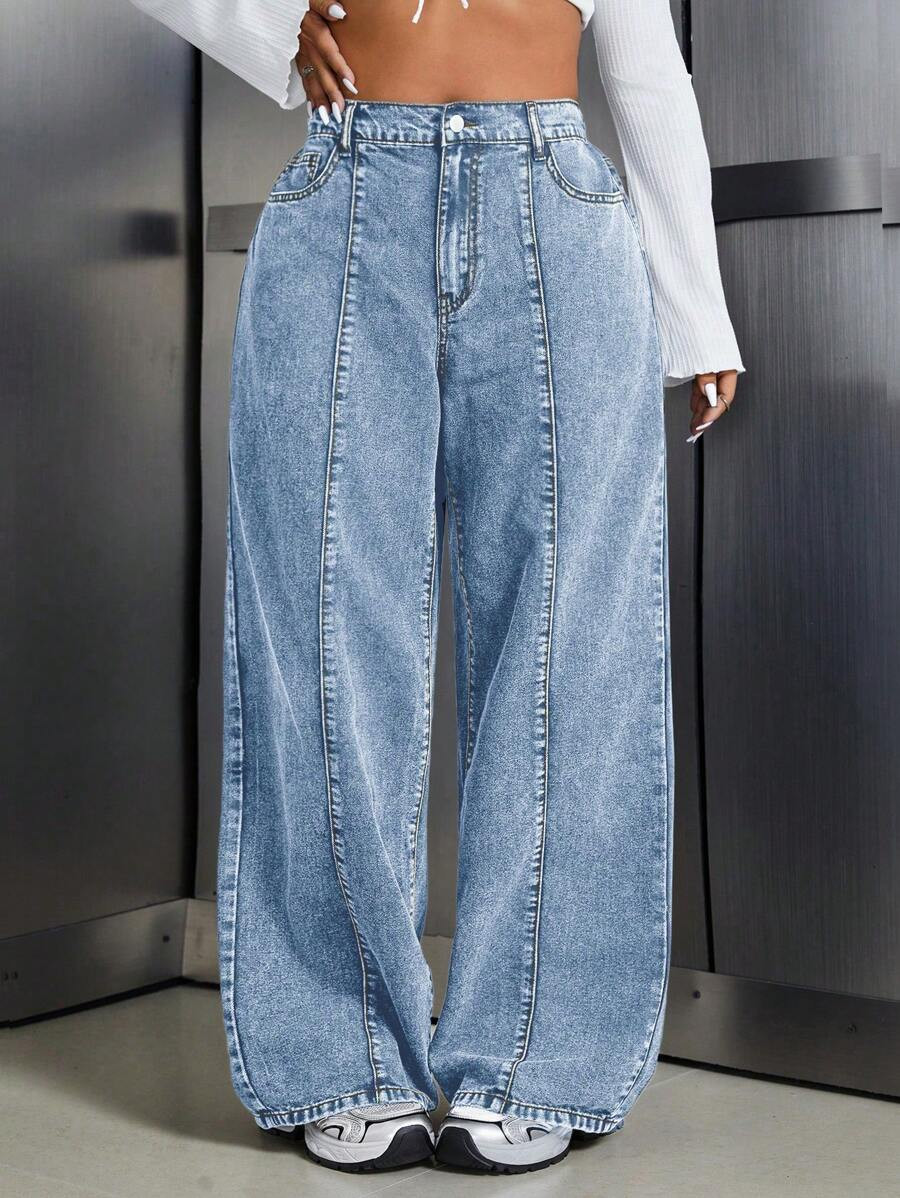 SHEIN Tall CURVE Plus Size Casual Washed Loose Wide-Leg Jeans | SHEIN
