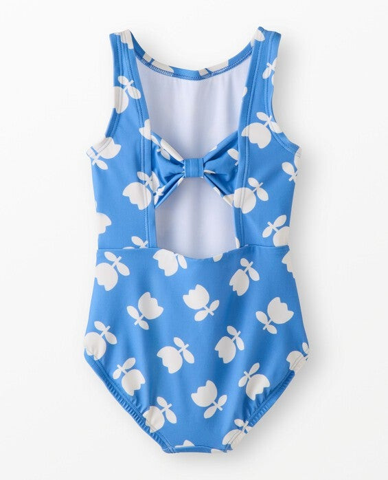 Girls' Tossed Tulips On Blue One-Piece Bow Back Swimsuit - Size Big Kids 12 by Hanna Andersson | Hanna Andersson